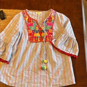 Jade Multicolor Embroidered Top with Pom Poms size small